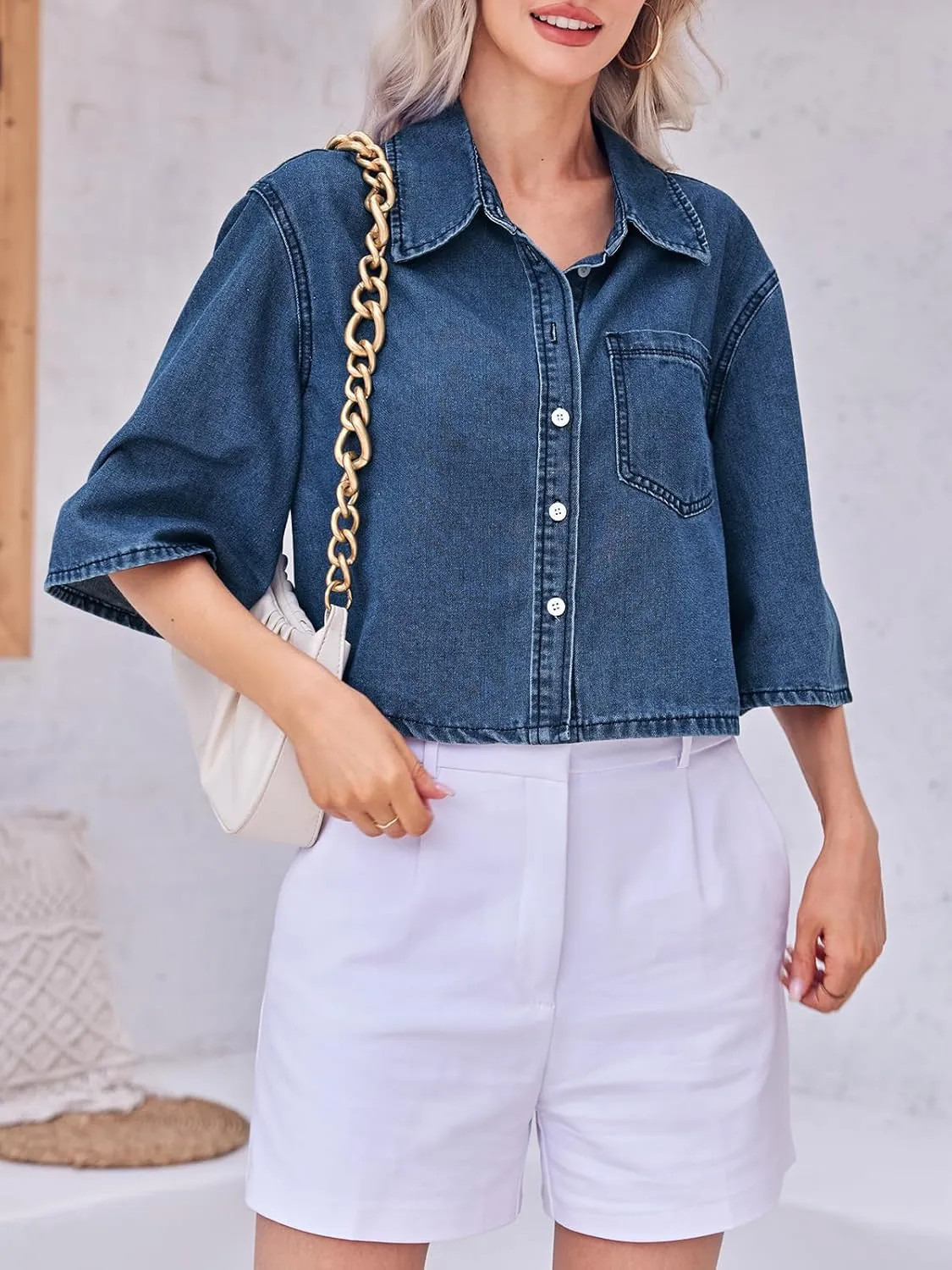 Tankaneo Womens Crop Denim Shirt Half Sleeve Button Down Short Jean Jacket with Pocket