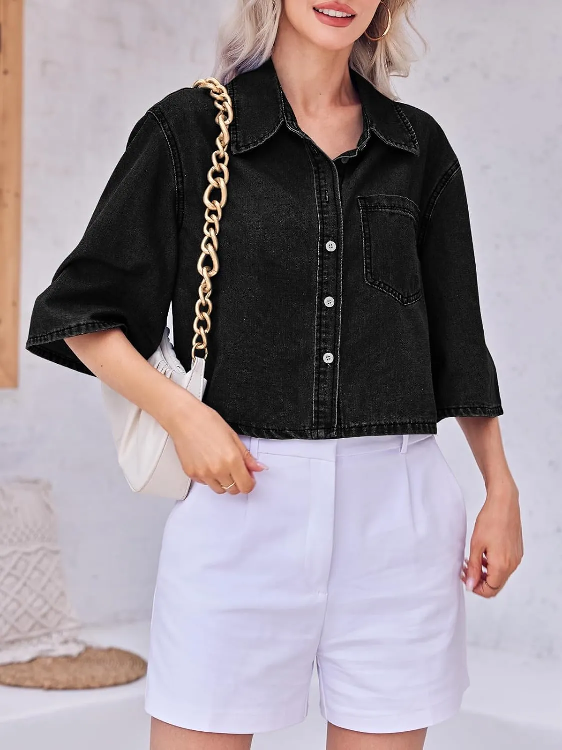 Tankaneo Womens Crop Denim Shirt Half Sleeve Button Down Short Jean Jacket with Pocket