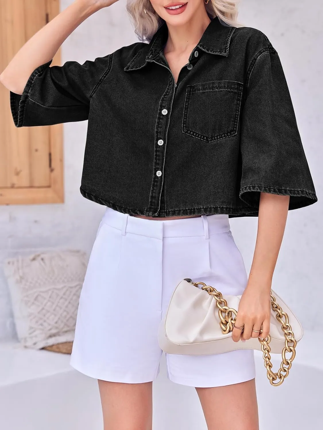 Tankaneo Womens Crop Denim Shirt Half Sleeve Button Down Short Jean Jacket with Pocket