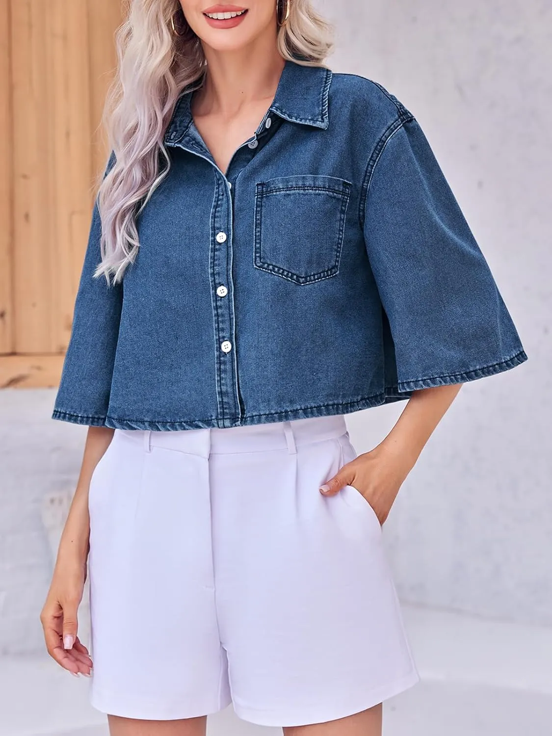 Tankaneo Womens Crop Denim Shirt Half Sleeve Button Down Short Jean Jacket with Pocket