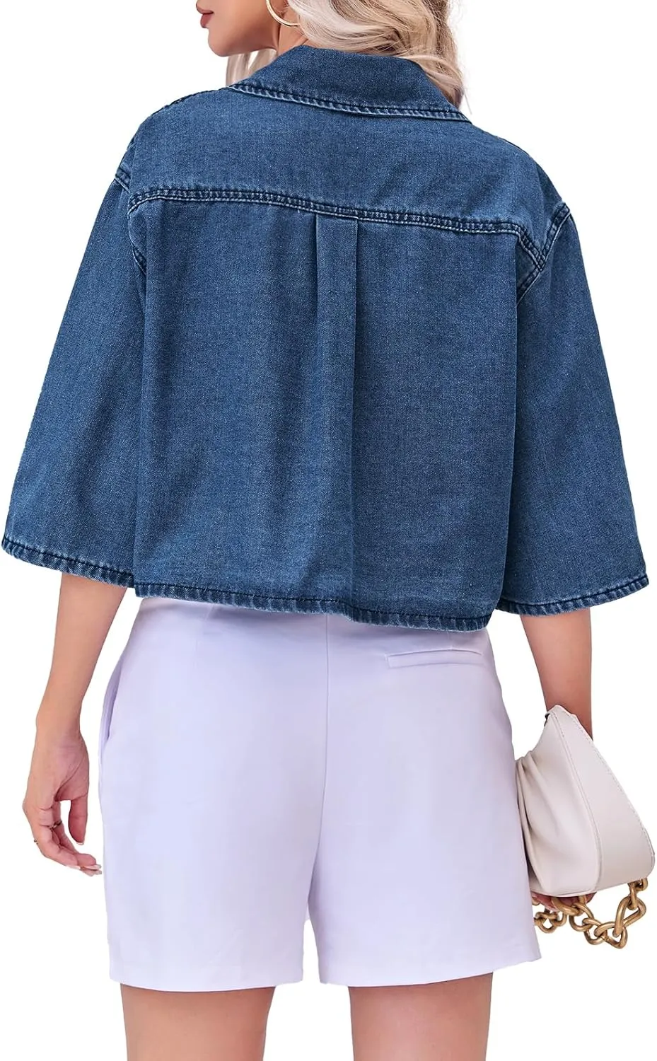 Tankaneo Womens Crop Denim Shirt Half Sleeve Button Down Short Jean Jacket with Pocket