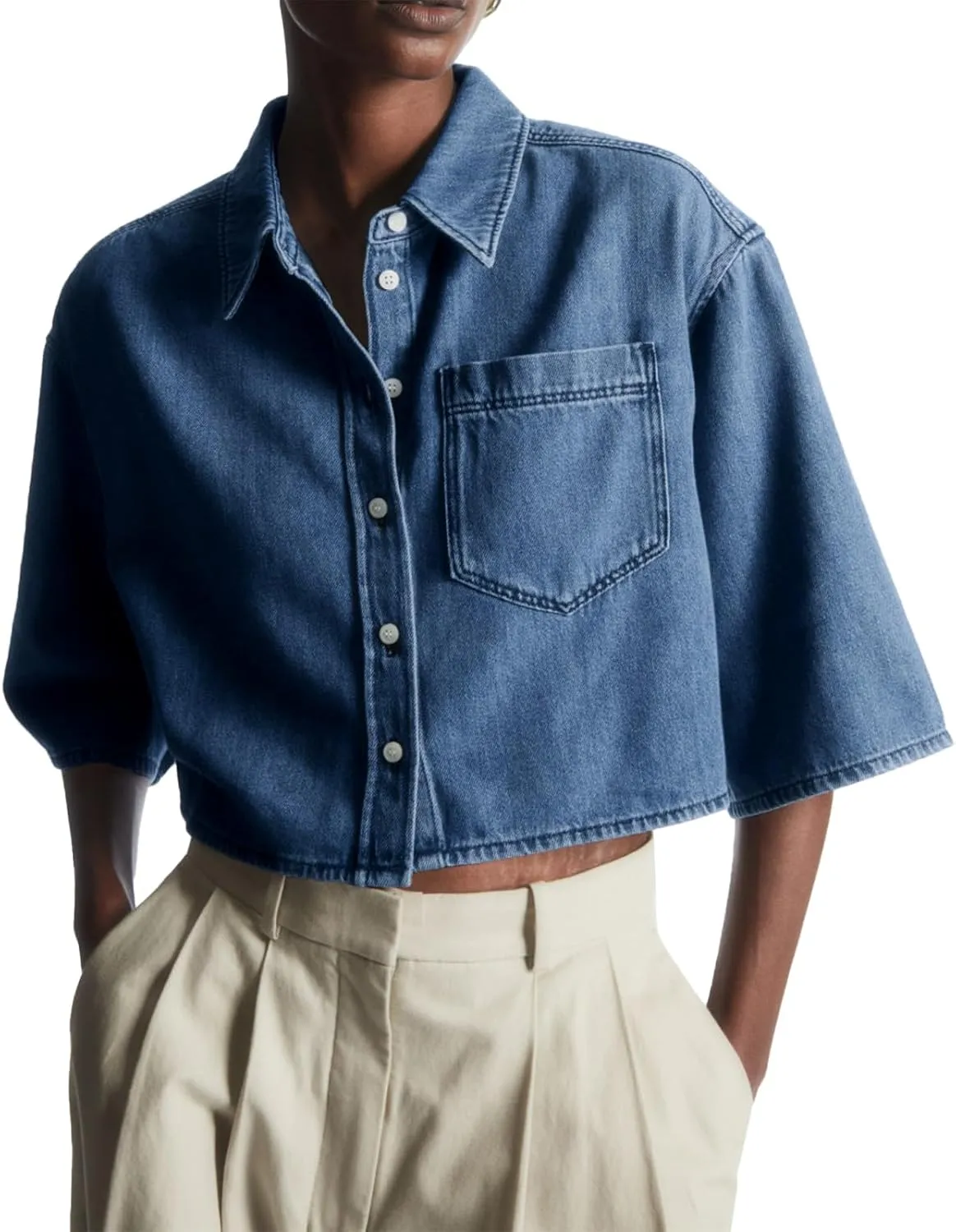 Tankaneo Womens Crop Denim Shirt Half Sleeve Button Down Short Jean Jacket with Pocket