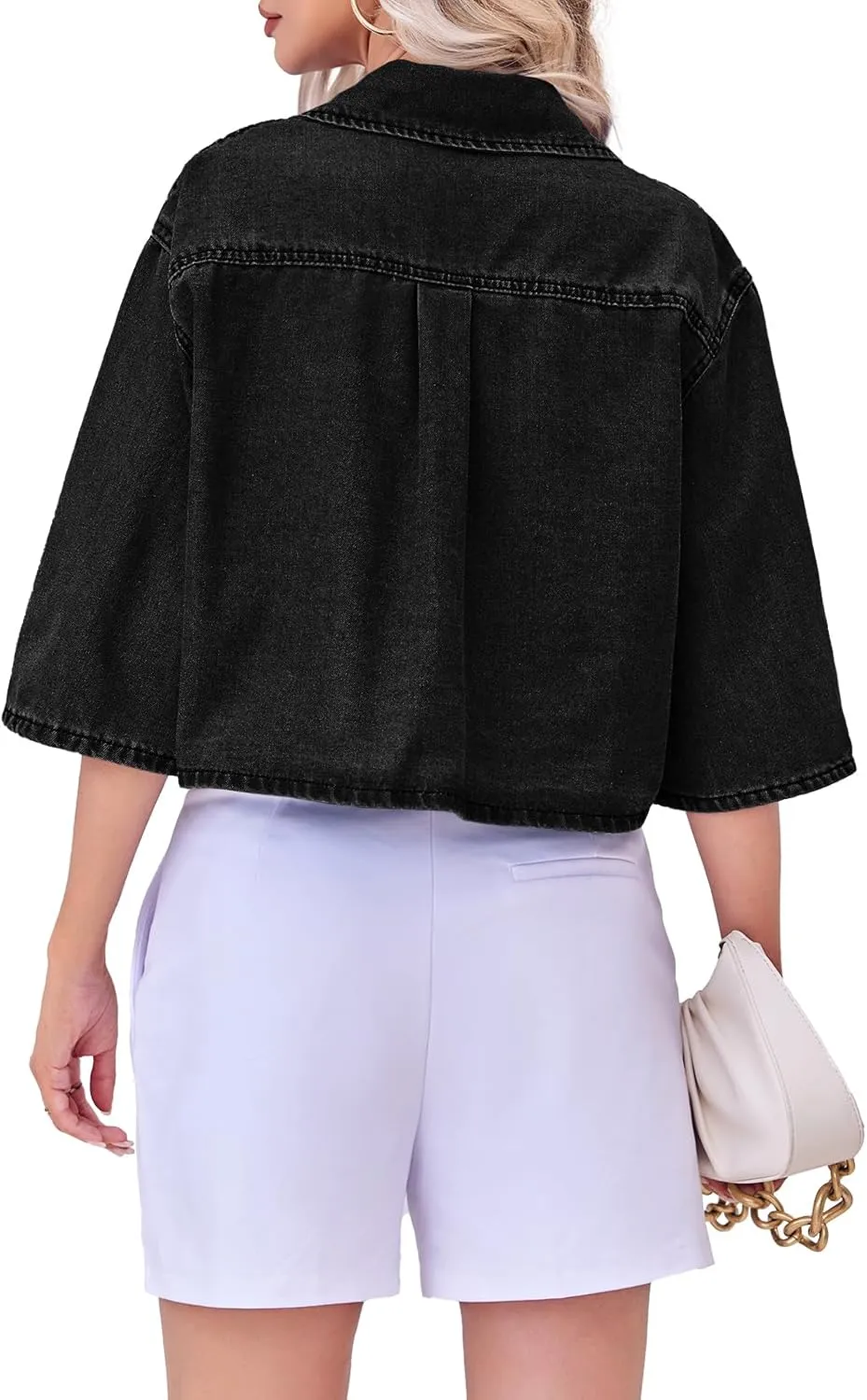 Tankaneo Womens Crop Denim Shirt Half Sleeve Button Down Short Jean Jacket with Pocket