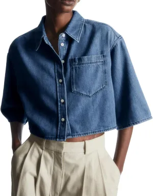 Tankaneo Womens Crop Denim Shirt Half Sleeve Button Down Short Jean Jacket with Pocket