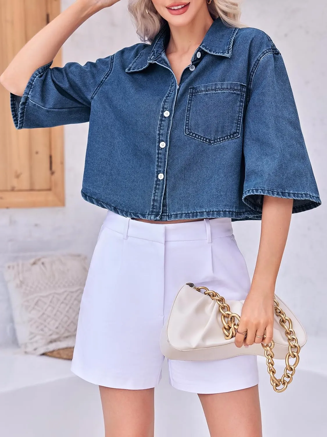 Tankaneo Womens Crop Denim Shirt Half Sleeve Button Down Short Jean Jacket with Pocket