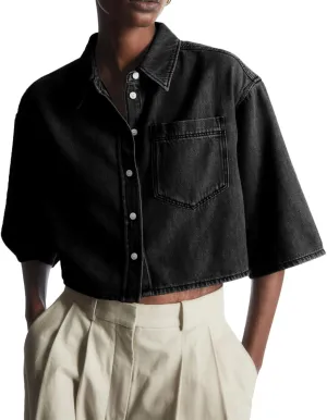 Tankaneo Womens Crop Denim Shirt Half Sleeve Button Down Short Jean Jacket with Pocket