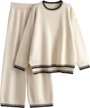 Tanming Women's Sweater Sets 2 Piece Outfits Knitted Pullover Jumper and Wide Leg Pants Tracksuit