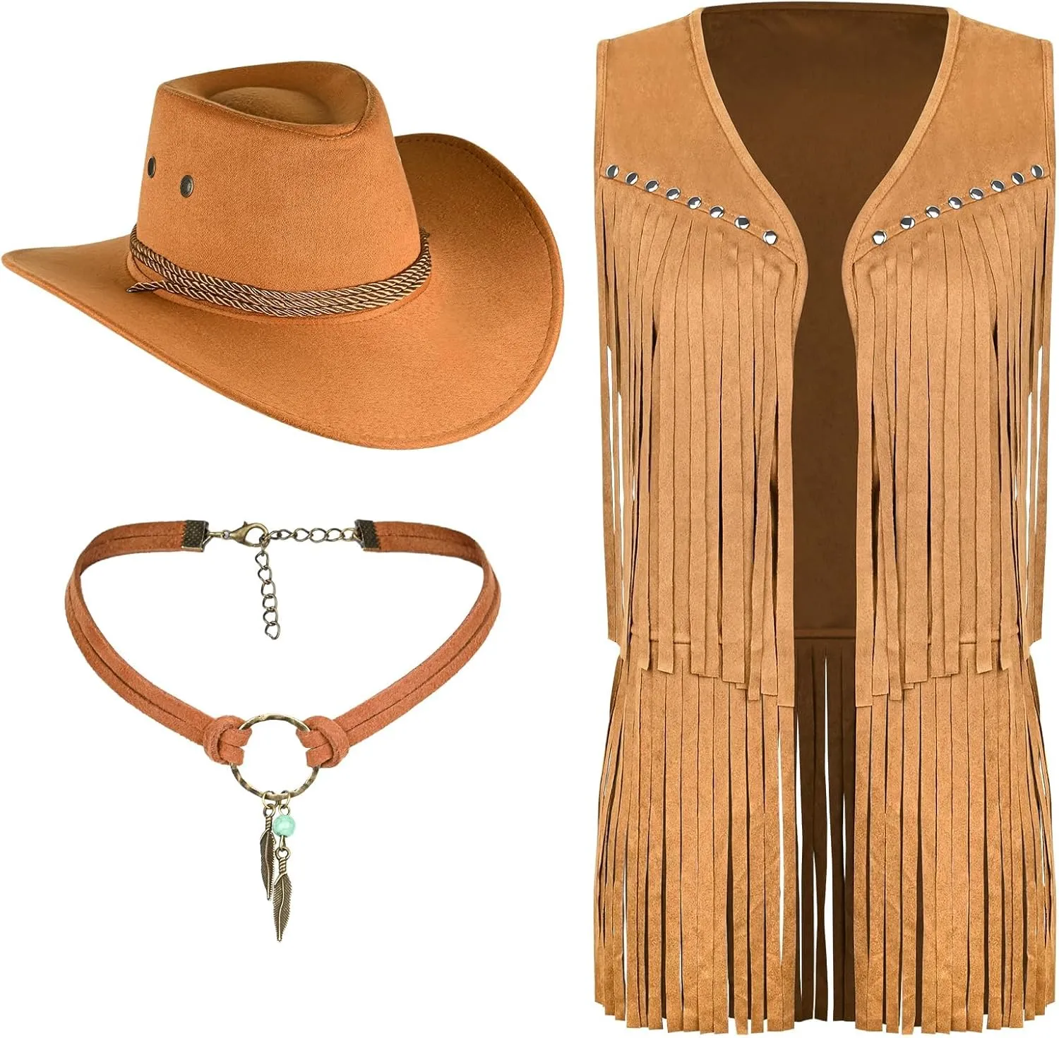 Tassel Vest for Women 70s Hippie Faux Suede Sleeveless Fringe Rivets Jacket with Cowboy Hat and Leather Necklace