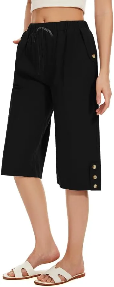 TBA Wide Leg Straight Capri Pants for Women Drawstring Elastic High Waist Joggers Pants Casual Cropped Trousers with Pockets