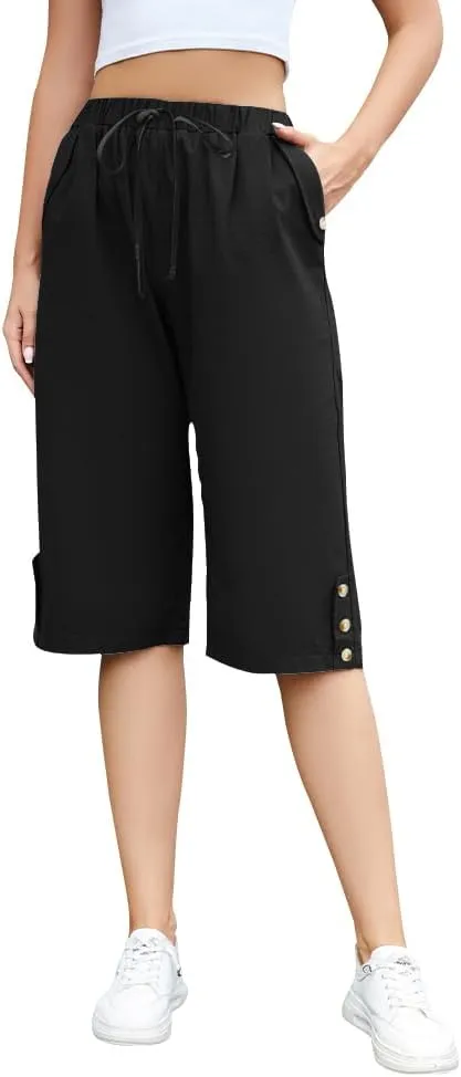 TBA Wide Leg Straight Capri Pants for Women Drawstring Elastic High Waist Joggers Pants Casual Cropped Trousers with Pockets