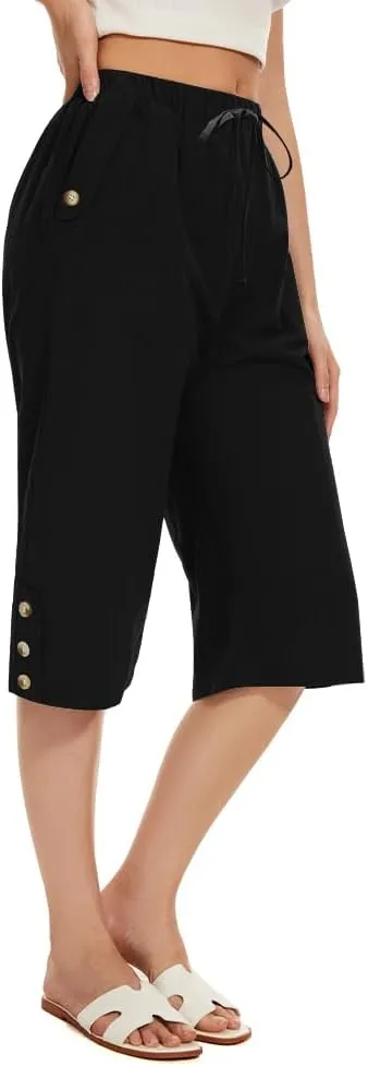 TBA Wide Leg Straight Capri Pants for Women Drawstring Elastic High Waist Joggers Pants Casual Cropped Trousers with Pockets