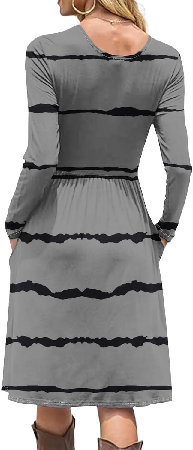 Trendy Long Sleeve Midi Dress for Women Casual Plus Size Smocked Flowy Formal Floral Pleated Swing Knee Length Dress