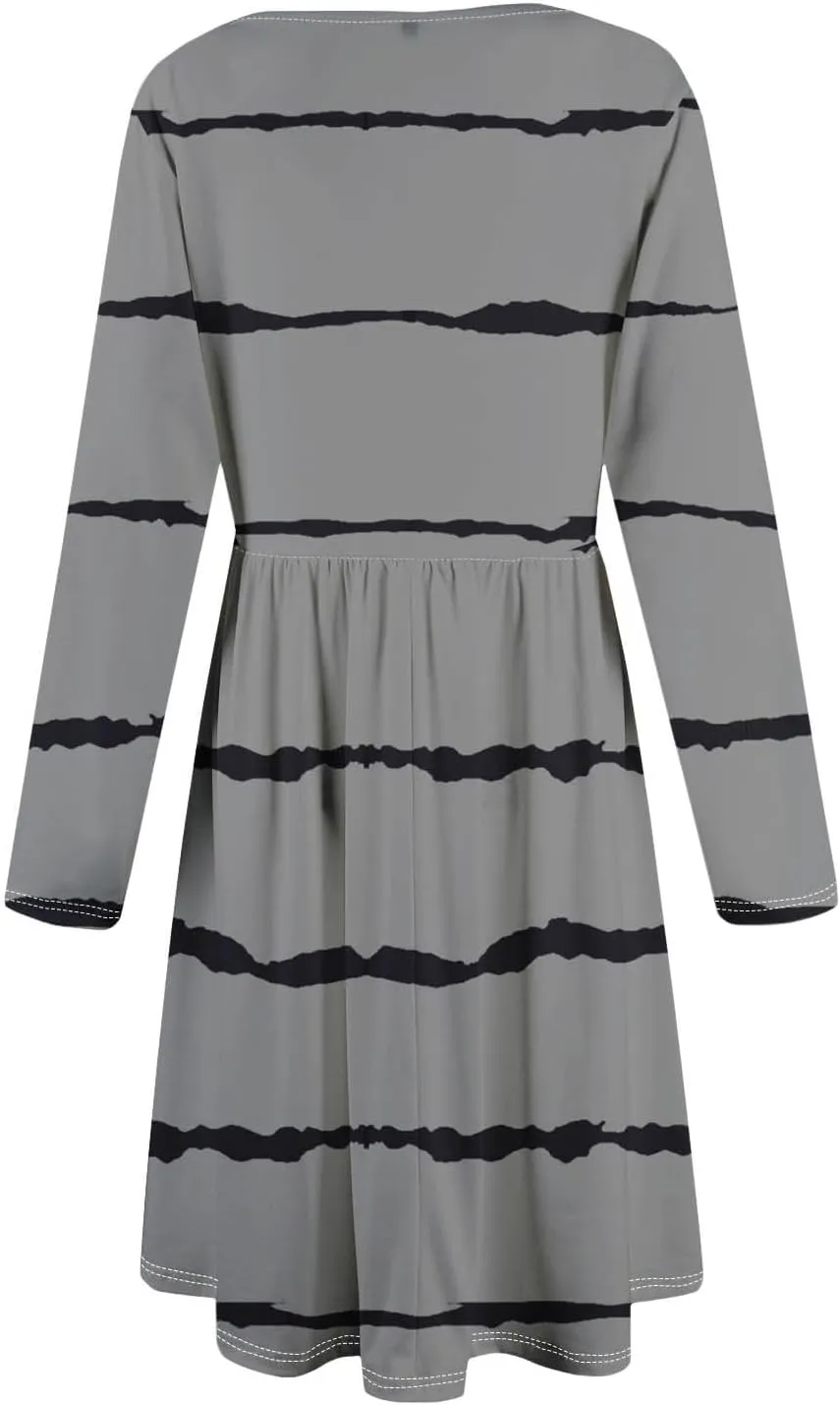 Trendy Long Sleeve Midi Dress for Women Casual Plus Size Smocked Flowy Formal Floral Pleated Swing Knee Length Dress