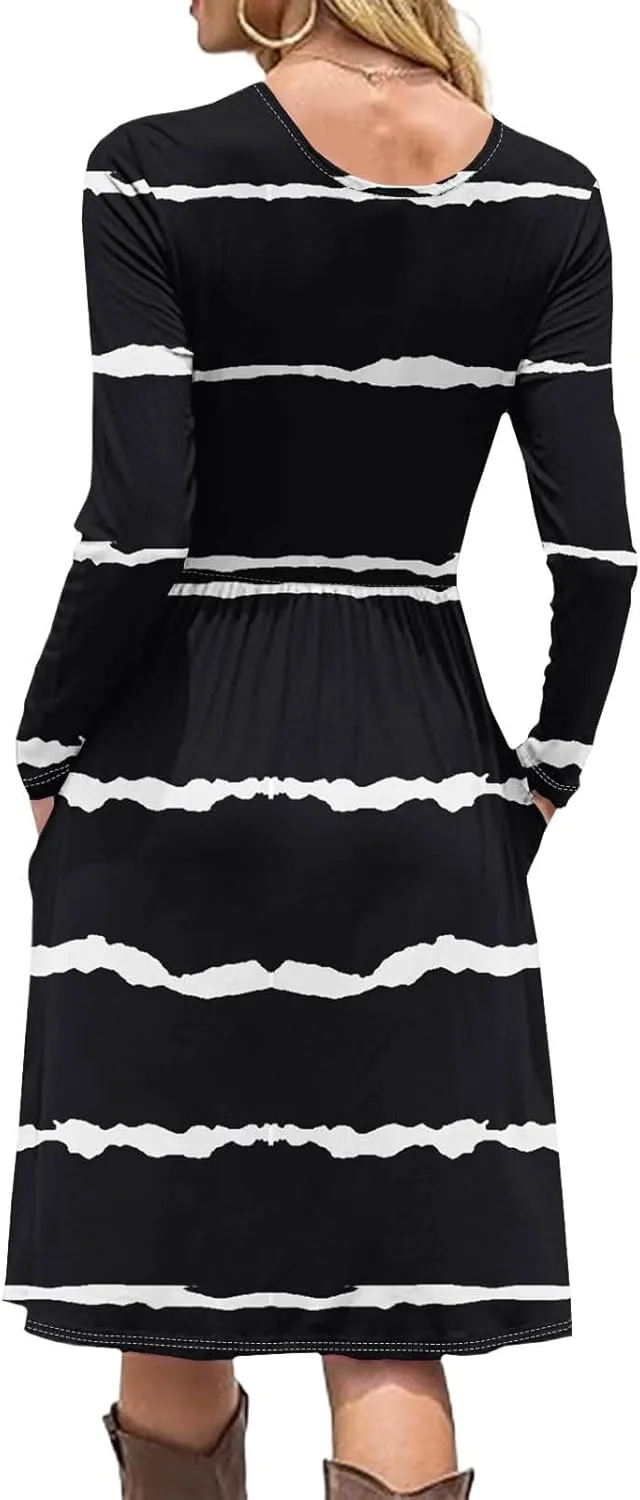 Trendy Long Sleeve Midi Dress for Women Casual Plus Size Smocked Flowy Formal Floral Pleated Swing Knee Length Dress