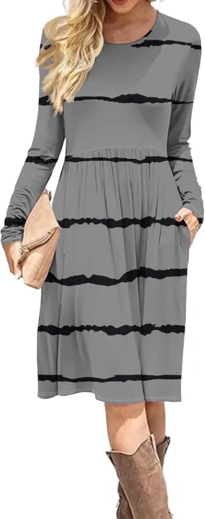 Trendy Long Sleeve Midi Dress for Women Casual Plus Size Smocked Flowy Formal Floral Pleated Swing Knee Length Dress