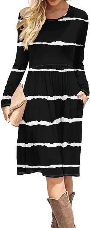 Trendy Long Sleeve Midi Dress for Women Casual Plus Size Smocked Flowy Formal Floral Pleated Swing Knee Length Dress