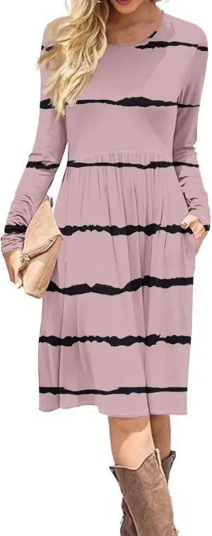 Trendy Long Sleeve Midi Dress for Women Casual Plus Size Smocked Flowy Formal Floral Pleated Swing Knee Length Dress