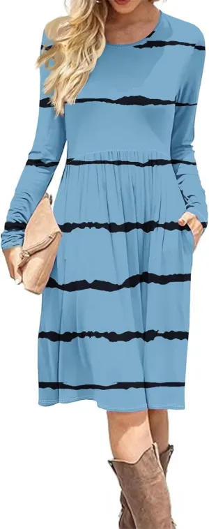 Trendy Long Sleeve Midi Dress for Women Casual Plus Size Smocked Flowy Formal Floral Pleated Swing Knee Length Dress