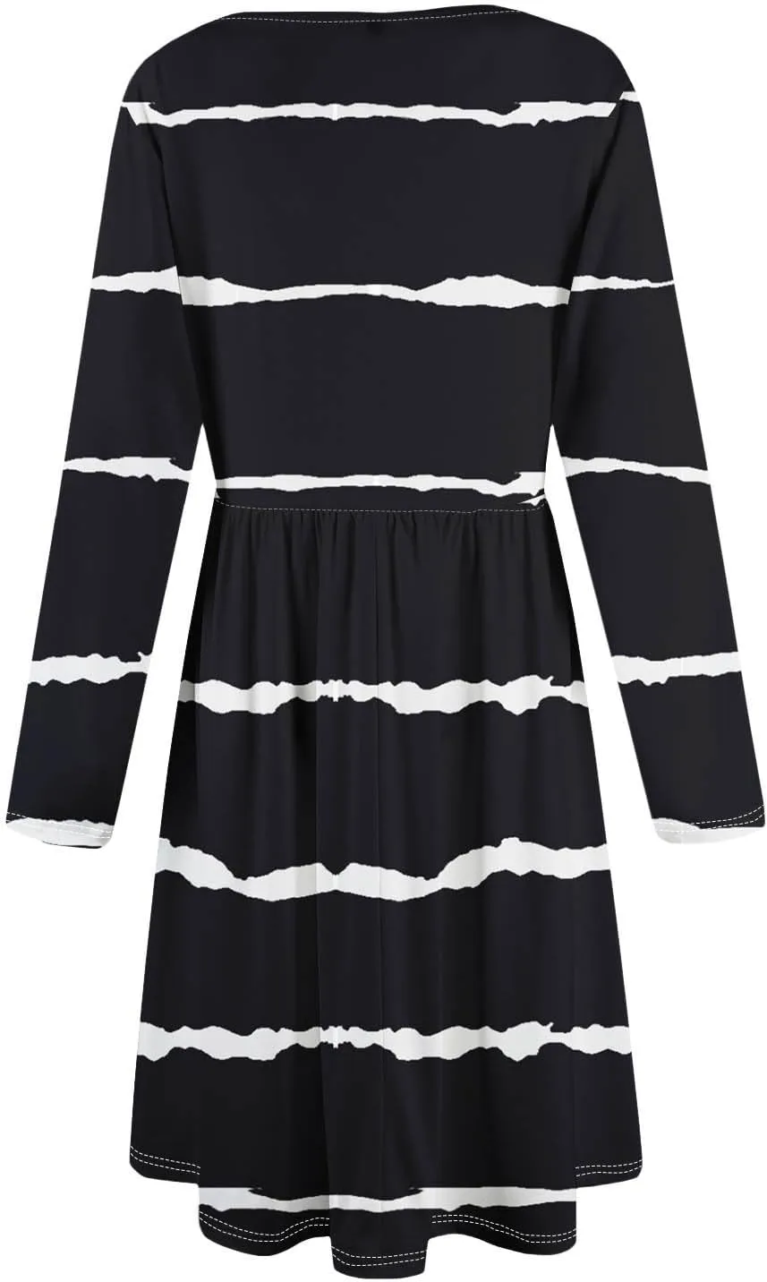 Trendy Long Sleeve Midi Dress for Women Casual Plus Size Smocked Flowy Formal Floral Pleated Swing Knee Length Dress