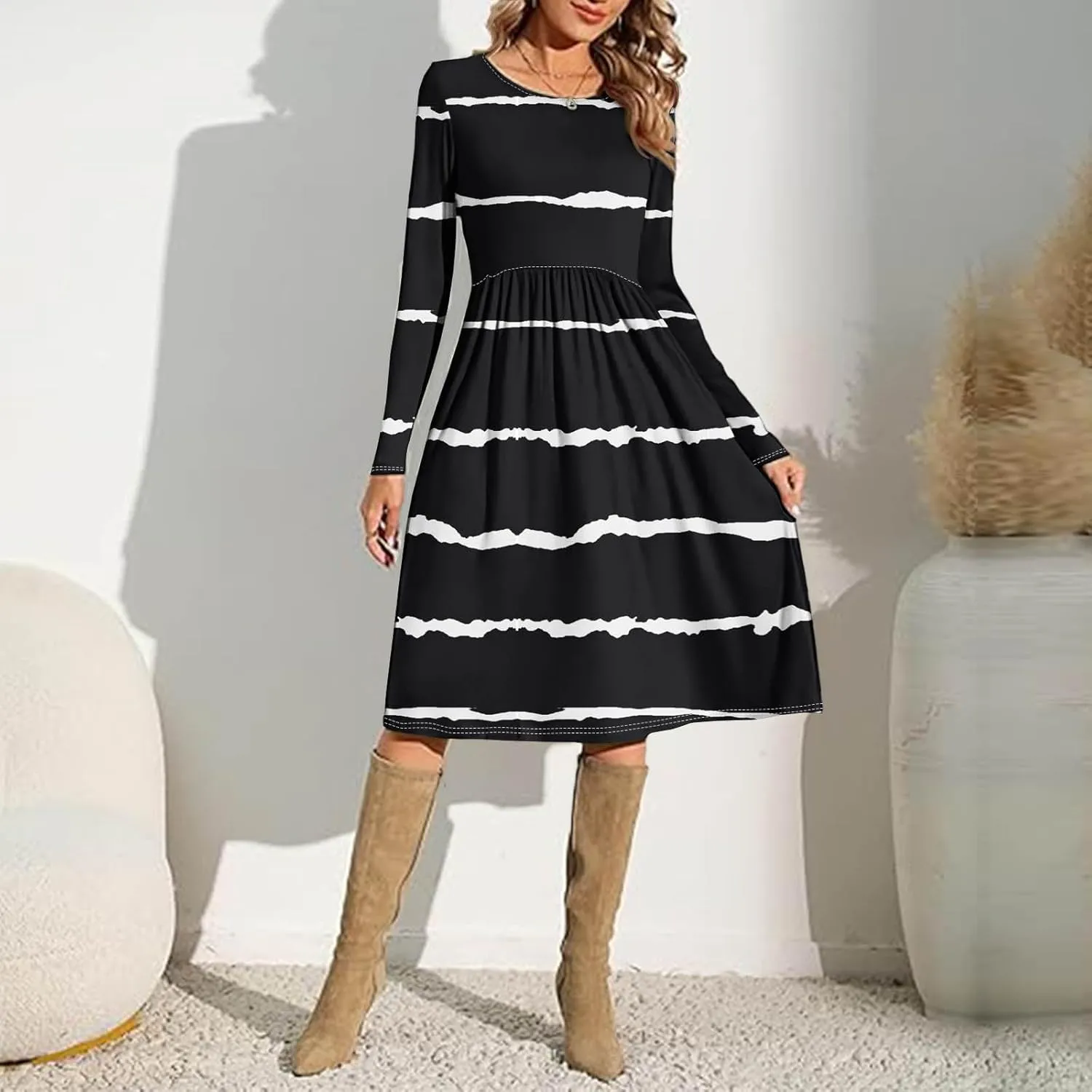 Trendy Long Sleeve Midi Dress for Women Casual Plus Size Smocked Flowy Formal Floral Pleated Swing Knee Length Dress
