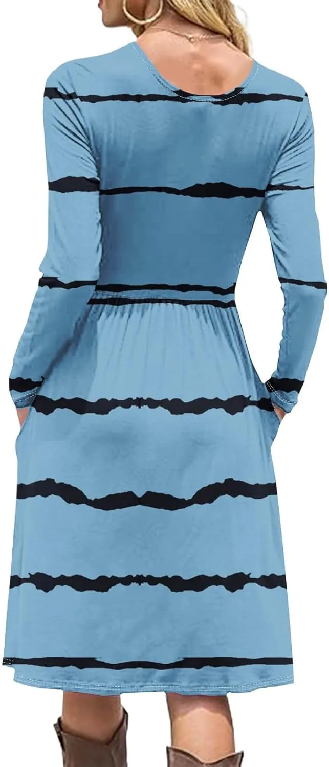 Trendy Long Sleeve Midi Dress for Women Casual Plus Size Smocked Flowy Formal Floral Pleated Swing Knee Length Dress