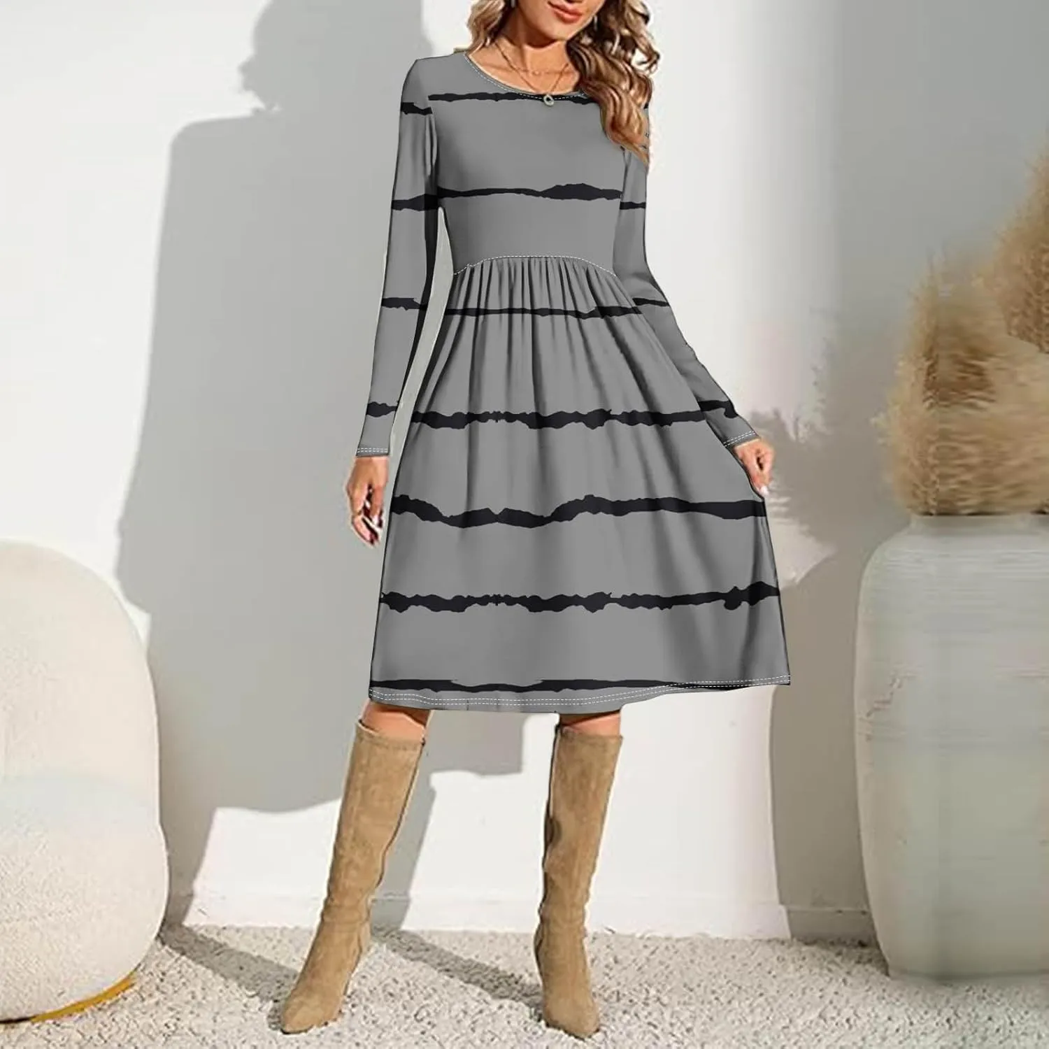 Trendy Long Sleeve Midi Dress for Women Casual Plus Size Smocked Flowy Formal Floral Pleated Swing Knee Length Dress