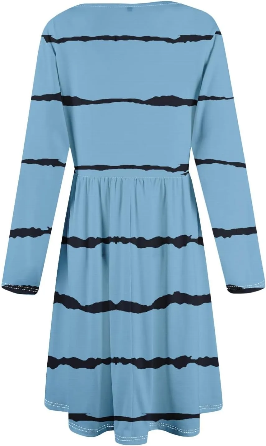 Trendy Long Sleeve Midi Dress for Women Casual Plus Size Smocked Flowy Formal Floral Pleated Swing Knee Length Dress