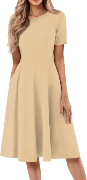 TWGONE Women's Fit and Flare Dress Summer Short Sleeve Casual Elegant Vintage Floral A-Line Midi Dresses with Pockets