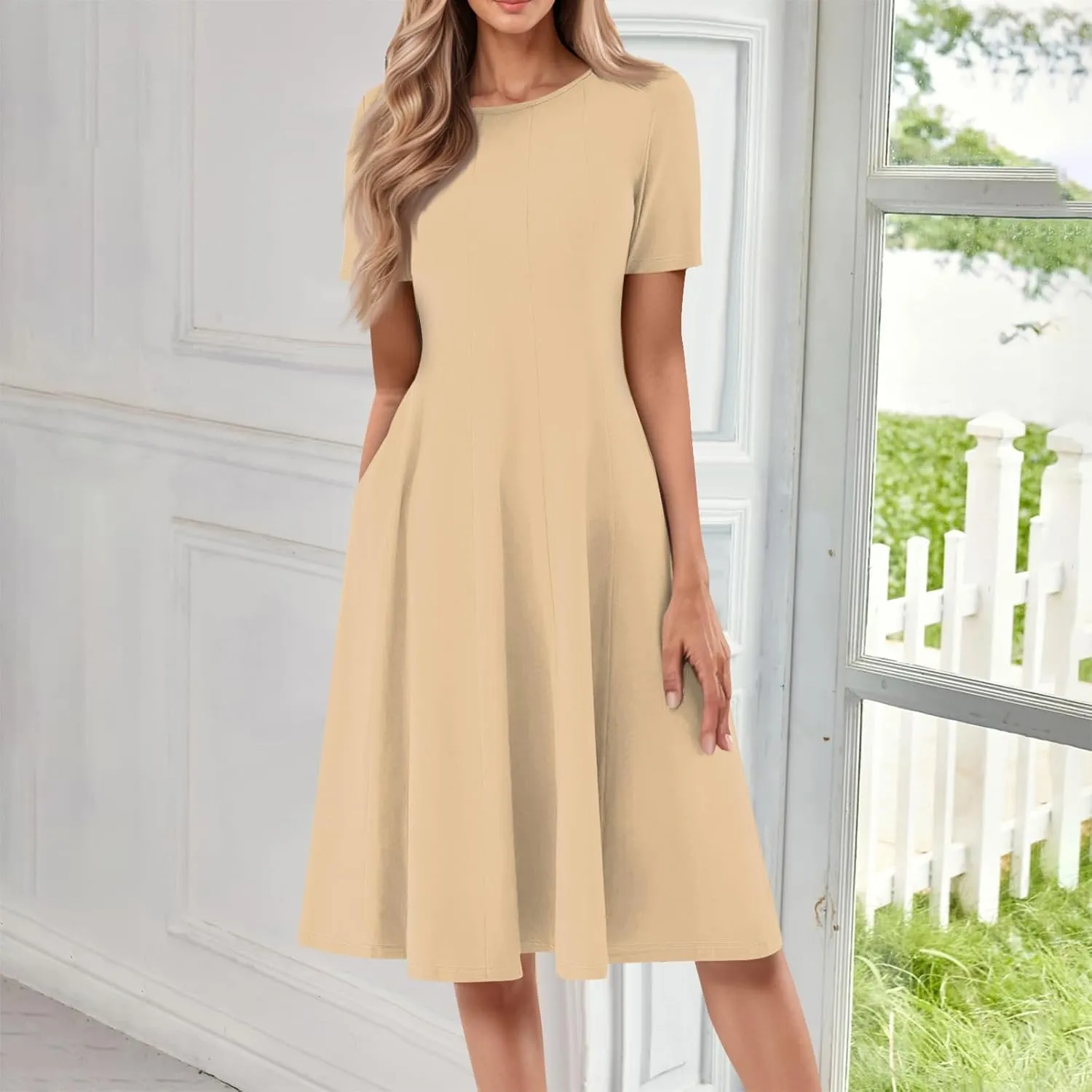 TWGONE Women's Fit and Flare Dress Summer Short Sleeve Casual Elegant Vintage Floral A-Line Midi Dresses with Pockets