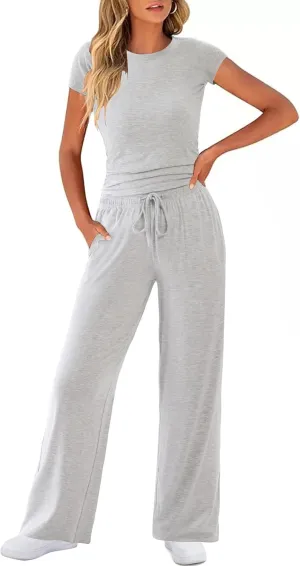 Two Piece Lounge Sets for Women Fold Over Flare Pants Short Sleeve Crop Top Y2k Outfits Matching Set Tracksuit