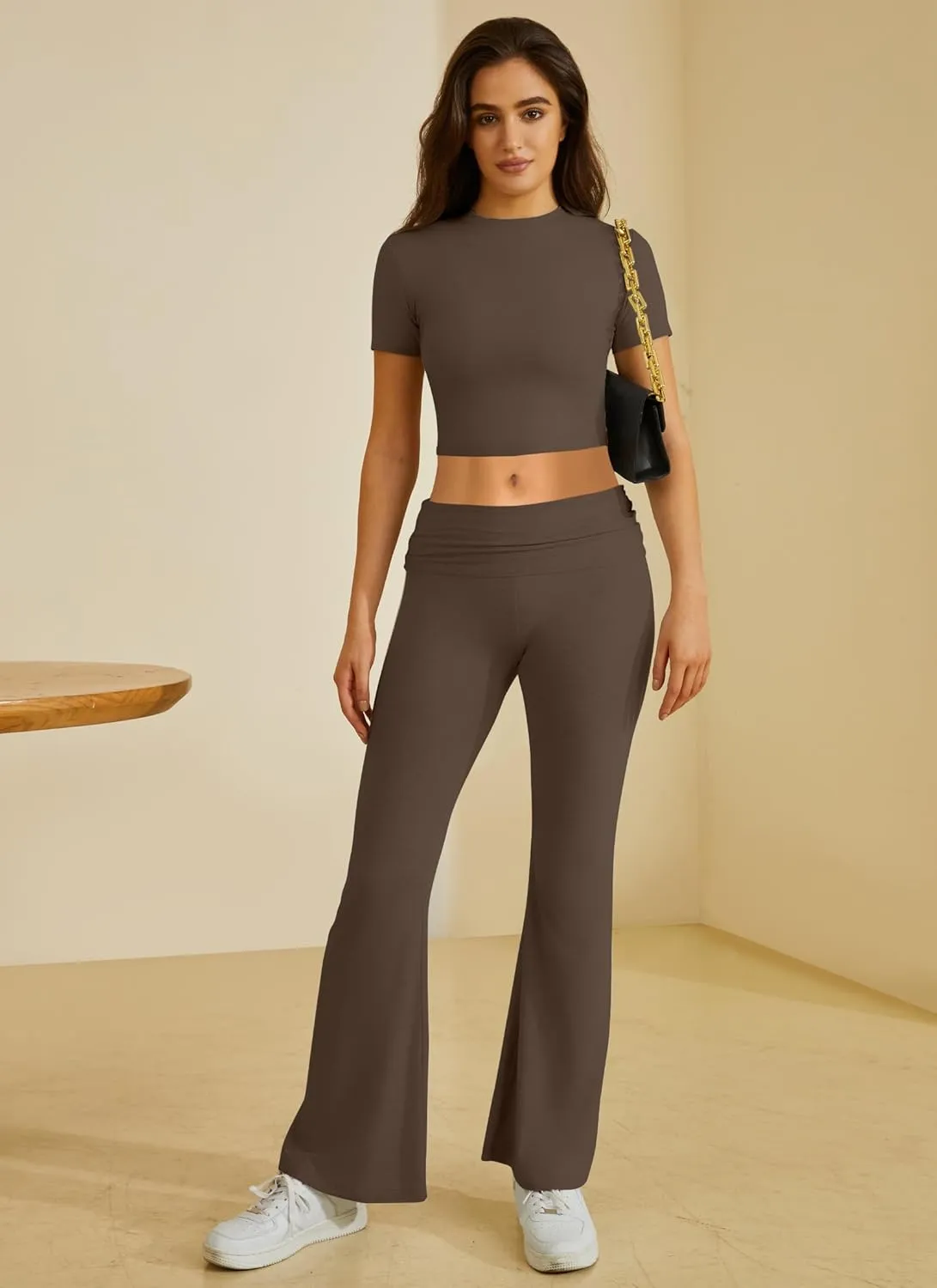 Two Piece Lounge Sets for Women Fold Over Flare Pants Short Sleeve Crop Top Y2k Outfits Matching Set Tracksuit