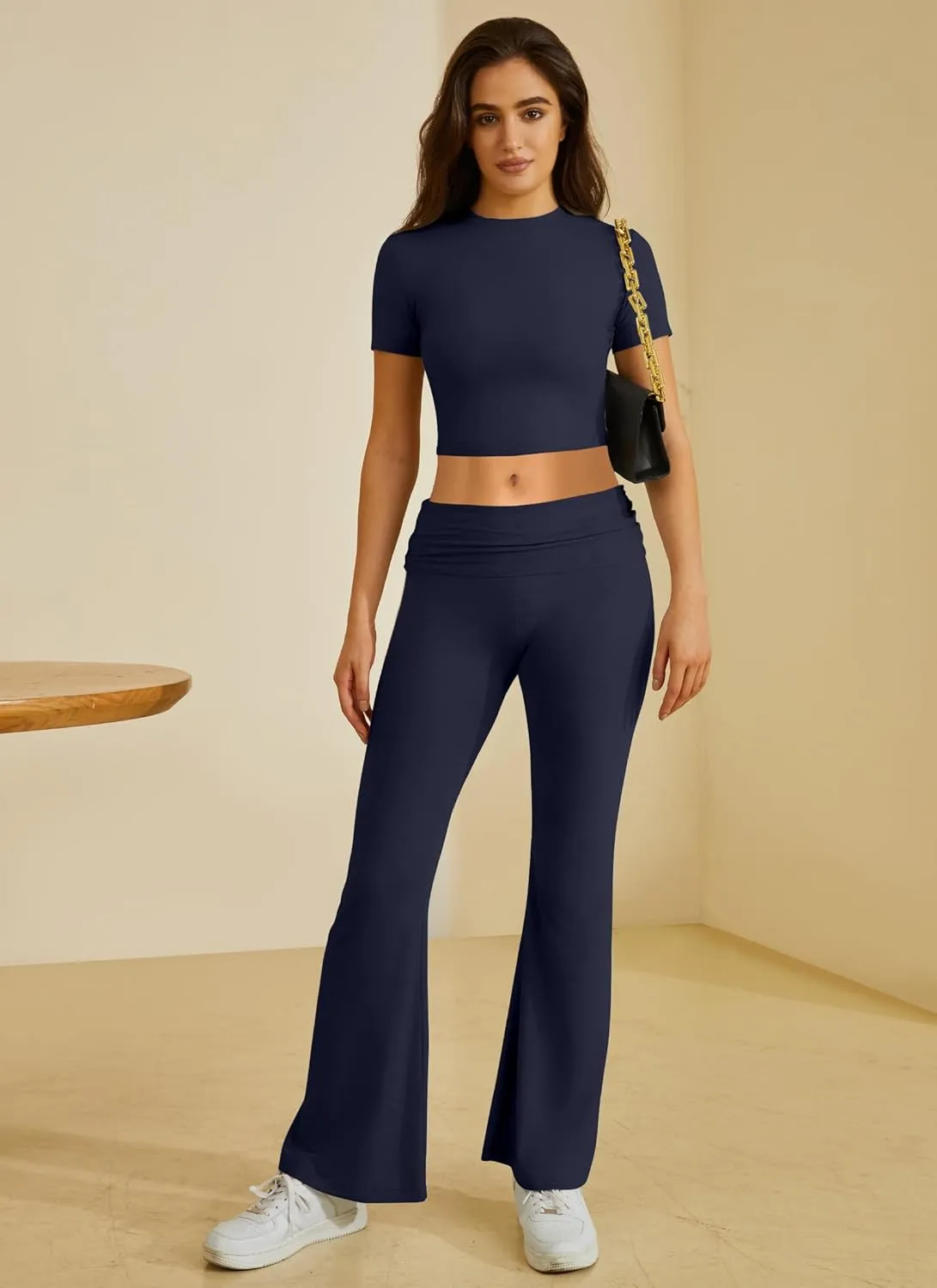Two Piece Lounge Sets for Women Fold Over Flare Pants Short Sleeve Crop Top Y2k Outfits Matching Set Tracksuit