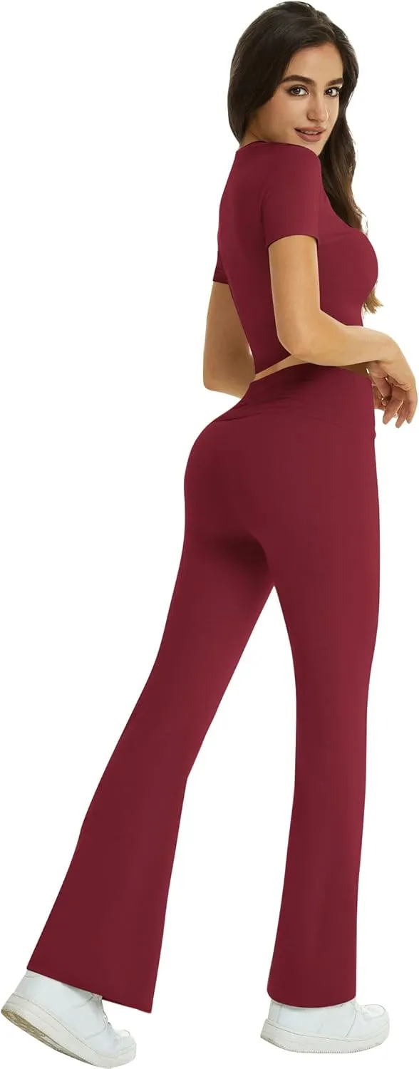 Two Piece Lounge Sets for Women Fold Over Flare Pants Short Sleeve Crop Top Y2k Outfits Matching Set Tracksuit