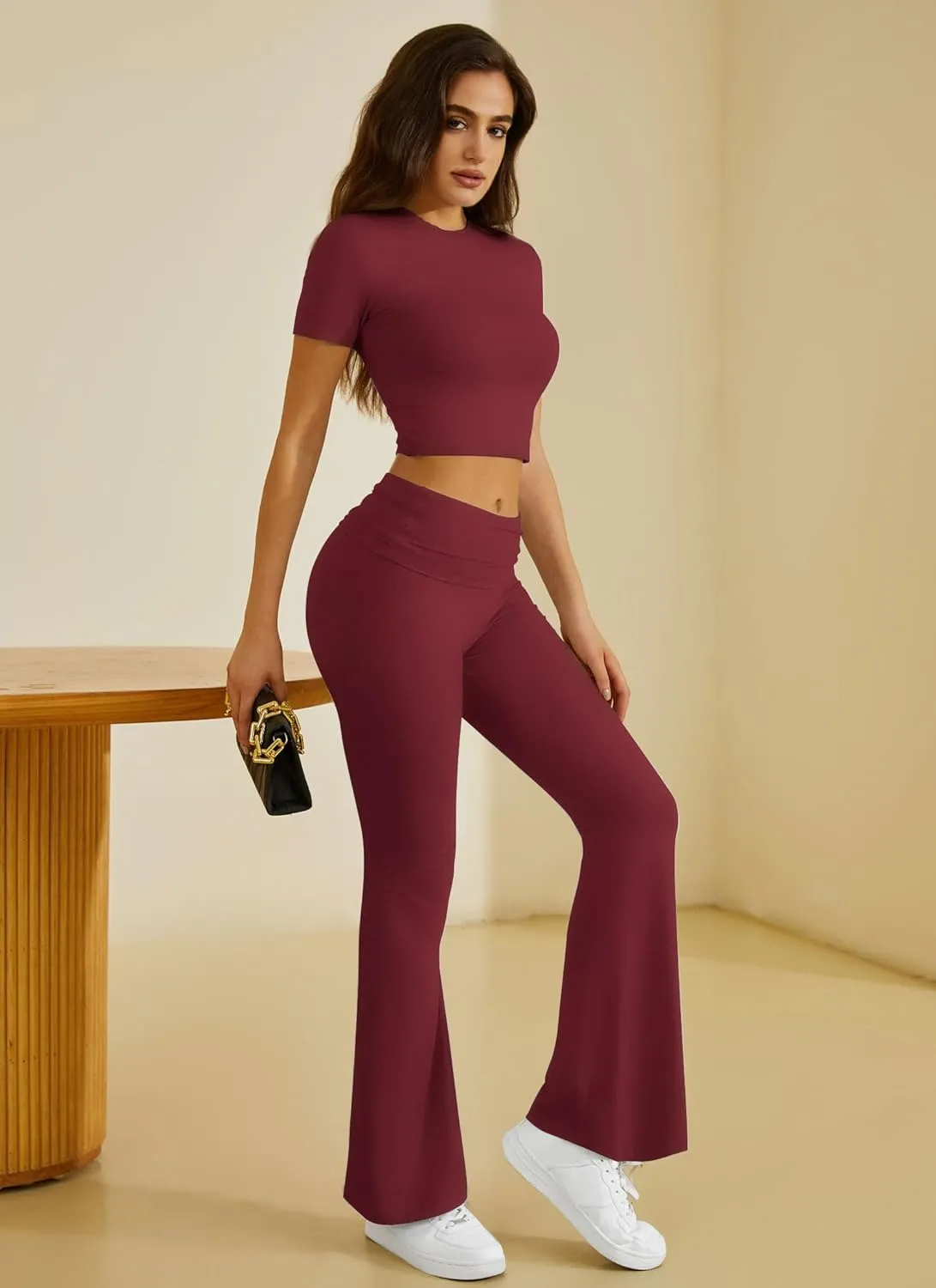 Two Piece Lounge Sets for Women Fold Over Flare Pants Short Sleeve Crop Top Y2k Outfits Matching Set Tracksuit