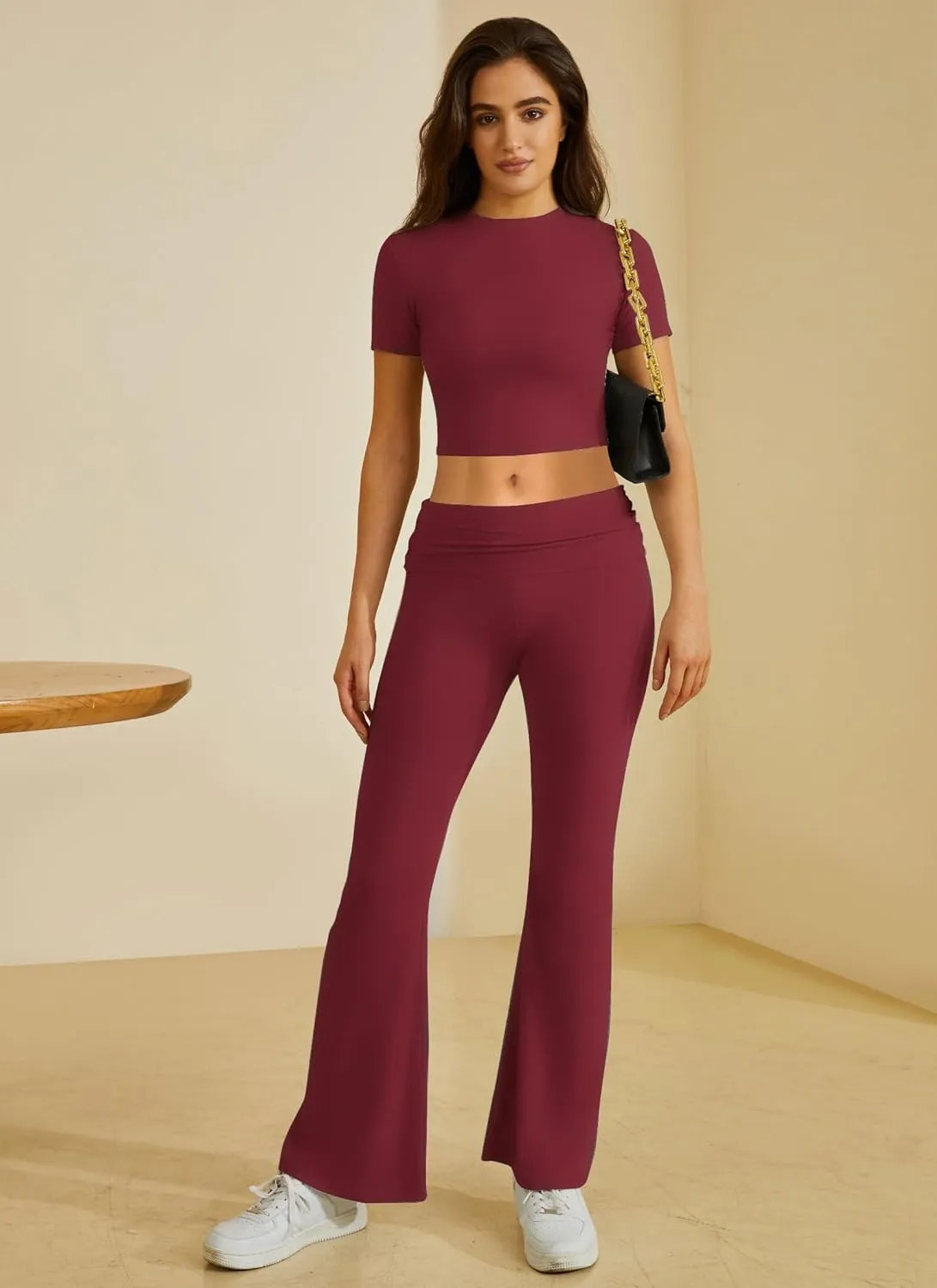 Two Piece Lounge Sets for Women Fold Over Flare Pants Short Sleeve Crop Top Y2k Outfits Matching Set Tracksuit