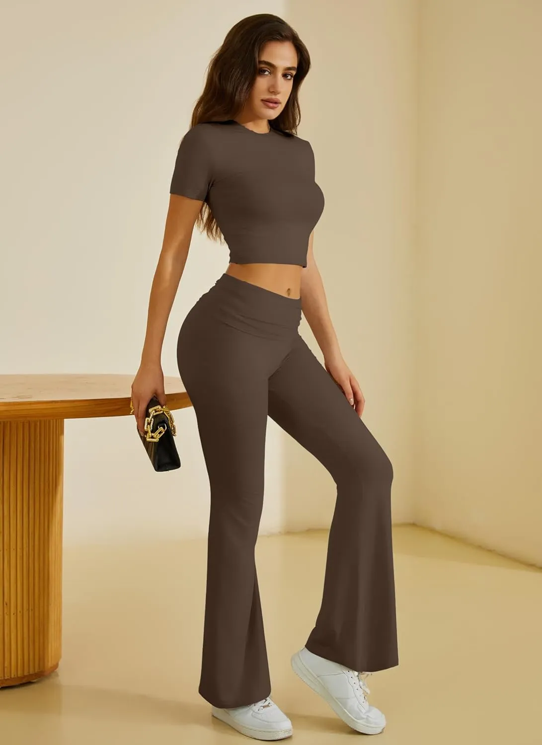 Two Piece Lounge Sets for Women Fold Over Flare Pants Short Sleeve Crop Top Y2k Outfits Matching Set Tracksuit