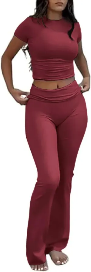 Two Piece Lounge Sets for Women Fold Over Flare Pants Short Sleeve Crop Top Y2k Outfits Matching Set Tracksuit