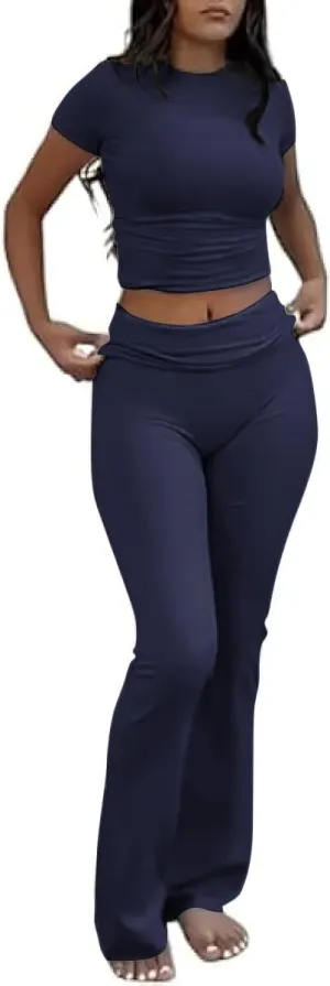 Two Piece Lounge Sets for Women Fold Over Flare Pants Short Sleeve Crop Top Y2k Outfits Matching Set Tracksuit