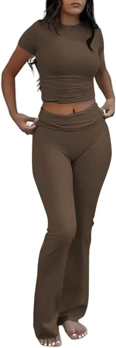 Two Piece Lounge Sets for Women Fold Over Flare Pants Short Sleeve Crop Top Y2k Outfits Matching Set Tracksuit