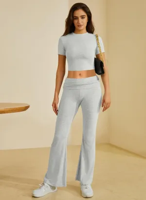 Two Piece Lounge Sets for Women Fold Over Flare Pants Short Sleeve Crop Top Y2k Outfits Matching Set Tracksuit