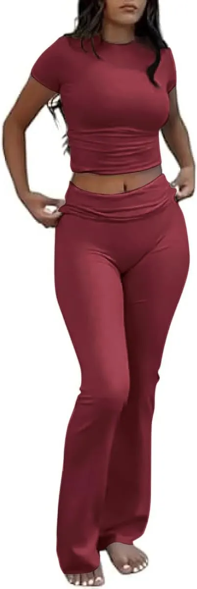 Two Piece Lounge Sets for Women Fold Over Flare Pants Short Sleeve Crop Top Y2k Outfits Matching Set Tracksuit