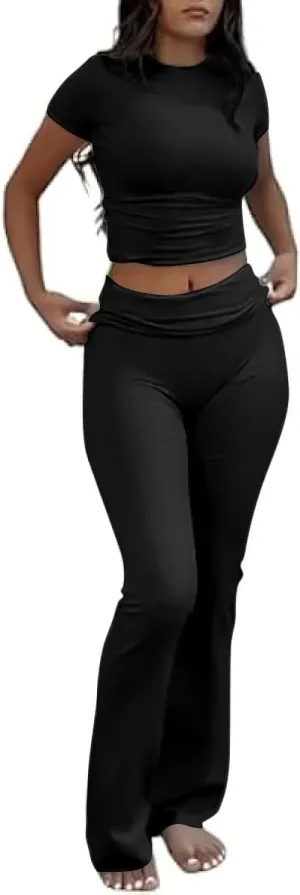 Two Piece Lounge Sets for Women Fold Over Flare Pants Short Sleeve Crop Top Y2k Outfits Matching Set Tracksuit