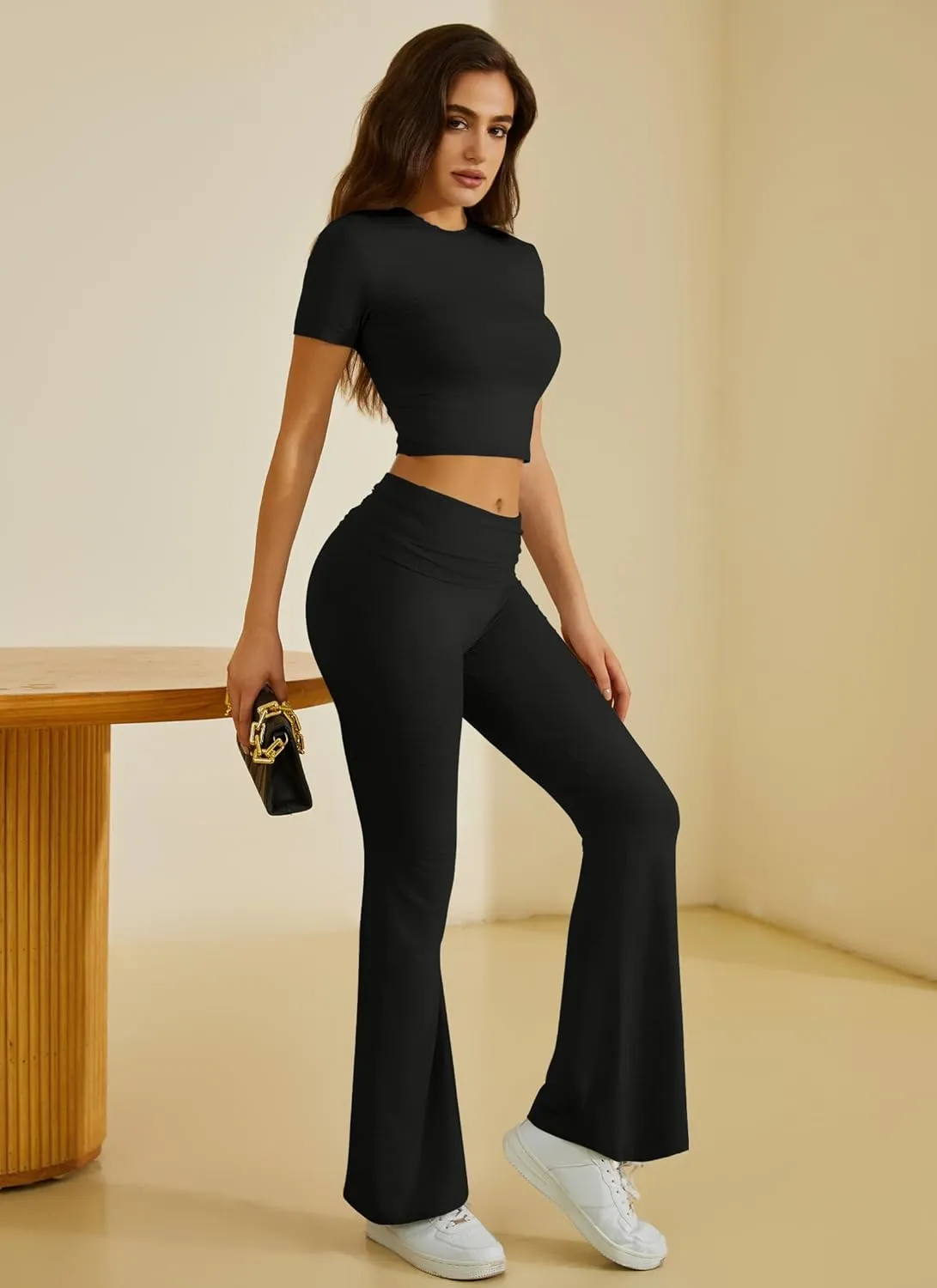 Two Piece Lounge Sets for Women Fold Over Flare Pants Short Sleeve Crop Top Y2k Outfits Matching Set Tracksuit