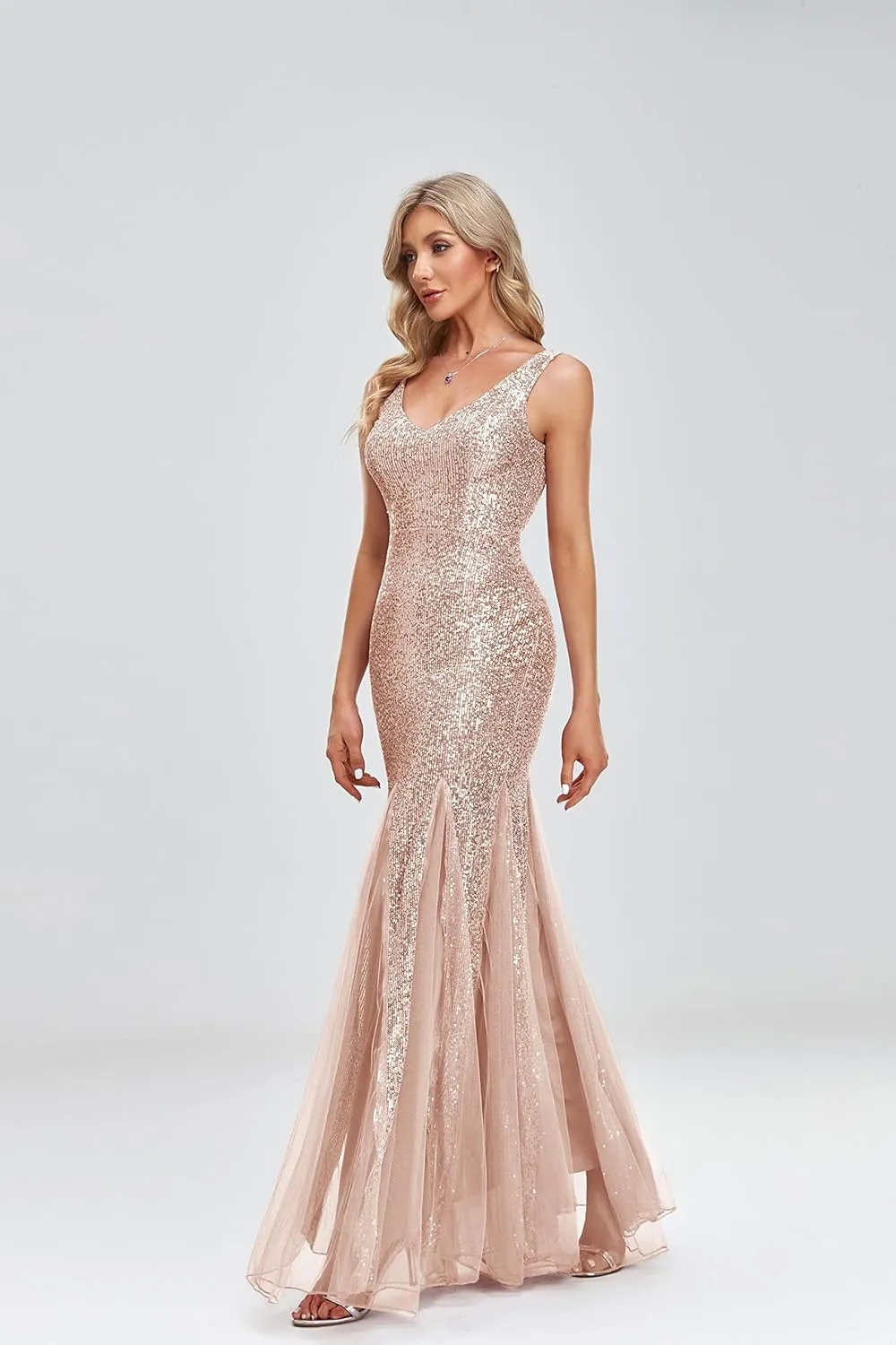 Updated Women's Double V Neck Long Sequined Mermaid Dress Formal Dress Bridesmaid Party Dress