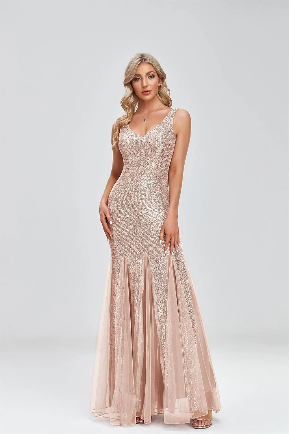 Updated Women's Double V Neck Long Sequined Mermaid Dress Formal Dress Bridesmaid Party Dress