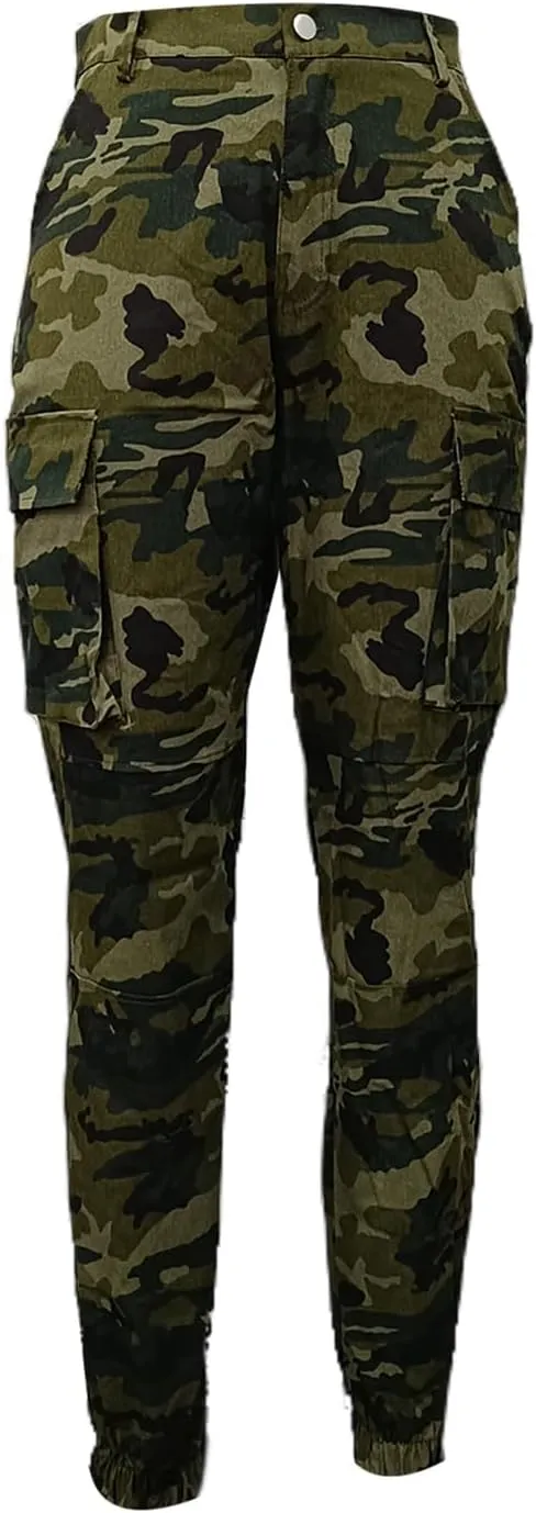Vakkest Womens Camo Cargo Pants Army Fatigue Jogger Camouflage High Waist Trouser Clubwear Y2K Sweatpants with Belt