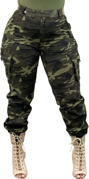 Vakkest Womens Camo Cargo Pants Army Fatigue Jogger Camouflage High Waist Trouser Clubwear Y2K Sweatpants with Belt