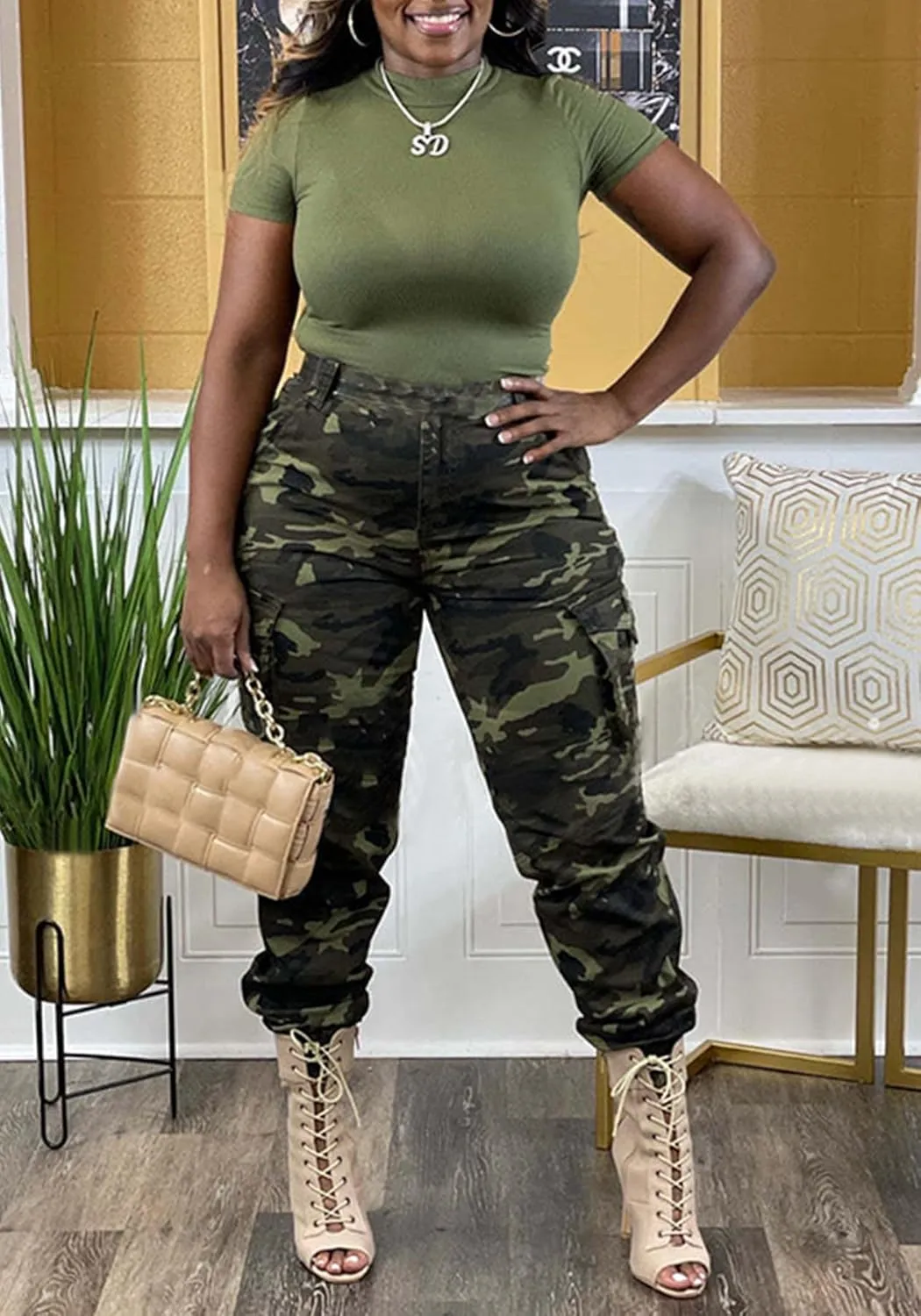 Vakkest Womens Camo Cargo Pants Army Fatigue Jogger Camouflage High Waist Trouser Clubwear Y2K Sweatpants with Belt