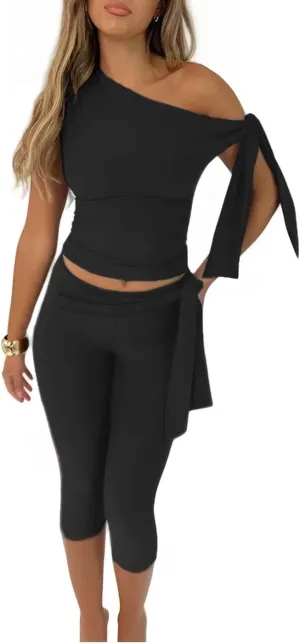 Velius Women Sexy Asymmetrical Tie up One Shoulder Tops Capri Pants 2 Pieces Tracksuit Set Outfit