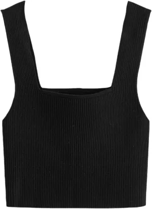 Verdusa Women's Square Neck Sleeveless Solid Ribbed Knit Crop Top Tank
